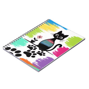 Colorful Black Cat Notebook Cute Paw Print Design