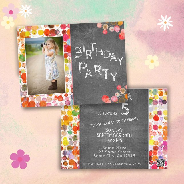 Colorful Blot Chalkboard Photo Birthday Invitation Postcard (Creator Uploaded)