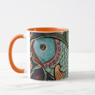 Colorful blue flower fish art mug