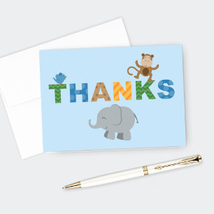 Colorful Blue Jungle Animals Baby Boy Shower Thank You Card