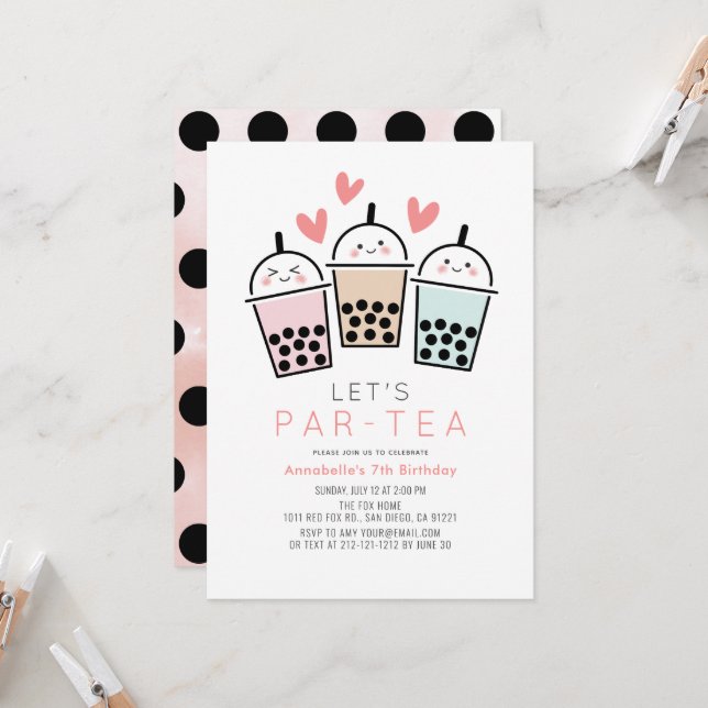 Colorful Boba Bubble Tea Party Girl Birthday Invitation (Front/Back In Situ)