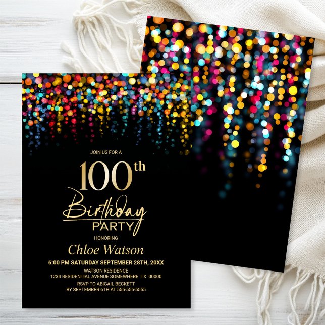 Colorful Bokeh Party Lights 100th Birthday Party Invitation (Creator Uploaded)