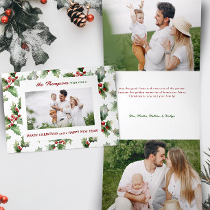 Colorful Bold Festive Christmas Holly Photo Tri-Fold Holiday Card