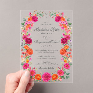 Colorful Bold Pink & Orange Floral Garden Wedding Acrylic Invitations
