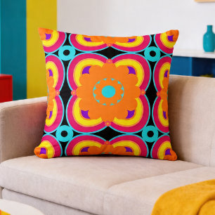 Colorful Bold Retro Neon Floral Cushion