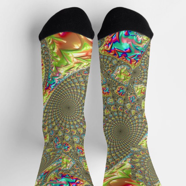Colorful Bold Vibrant Groovy Trippy Fractal Spiral Socks (Top)