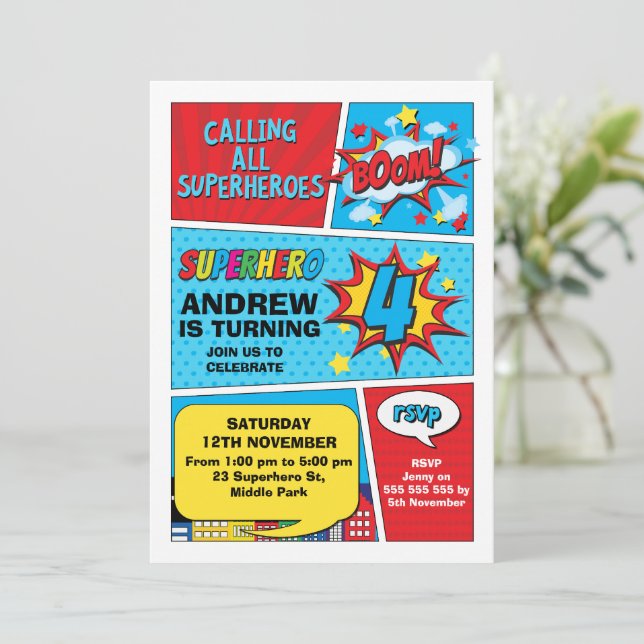 Colorful Boom Superhero 4th Birthday Invitation (Standing Front)