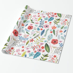 Colorful Botanical Leafs & Flowers Pattern Wrapping Paper