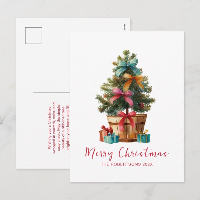 Colorful Bows Rustic Christmas Tree Postcard (Front/Back)