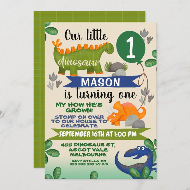 Colorful Boys Little Dinosaur Birthday Invitation (Front/Back)