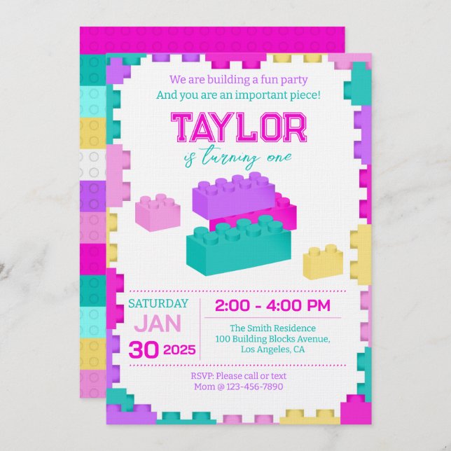 Colorful Bricks Building Blocks Birthday Party Invitation (Front/Back)
