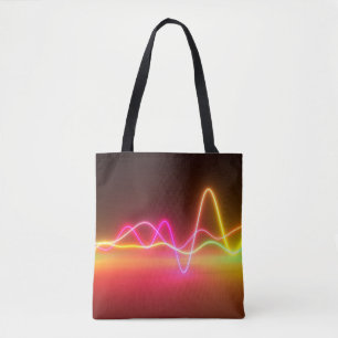 Colorful bright neon glowing graphic equalizer. Mu Tote Bag
