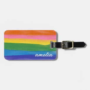 Colorful Bright Rainbow Watercolor Stripes Name Luggage Tag