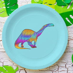 Colorful Brontosaurus Psychedelic Dinosaur Art Paper Plate