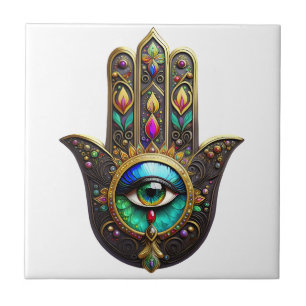 Colorful Brown Gold Hamsa Rainbow Color Third Eye Ceramic Tile