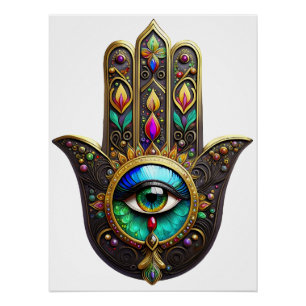 Colorful Brown Gold Hamsa Rainbow Color Third Eye Poster