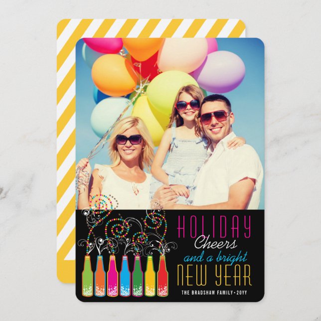 Colorful Bubbly Bottles Cheers Fun New Year Photo Holiday Card (Front/Back)