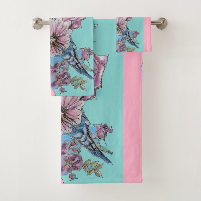 Colorful Budgie Budgerigar Rose Pink Art Towel Set (Insitu)