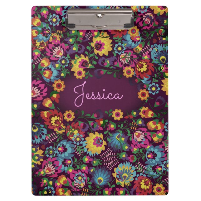 Colorful Busy Floral Pattern Purple Personalised Clipboard (Front)