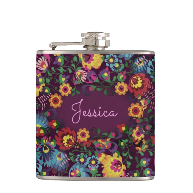 Colorful Busy Floral Pattern Purple Personalised Hip Flask (Front)