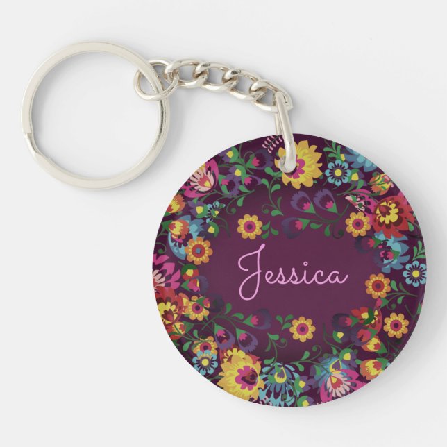 Colorful Busy Floral Pattern Purple Personalised Key Ring (Front)