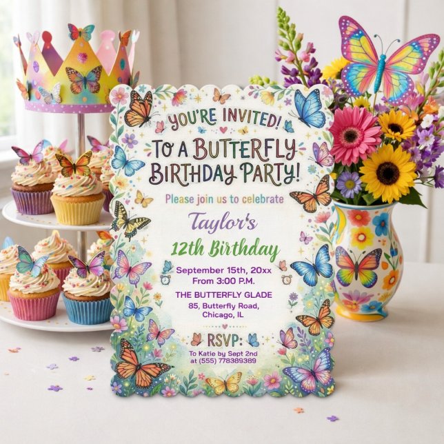 Colorful Butterflies 12th Birthday Party Invitation (Creator Uploaded)