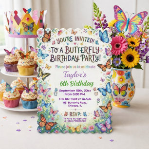 Colorful Butterflies 6th Birthday Party Invitation