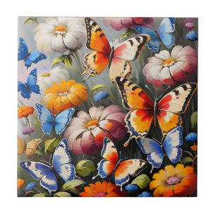 Colorful butterflies in garden ceramic tile