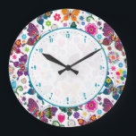 Colorful Butterflies Large Clock<br><div class="desc">Cool colorful retro butterflies and flowers pattern Custom and optional monogram version available by email request. Design is available on other products and can be requested on any product offered by Zazzle.</div>