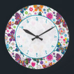Colorful Butterflies Large Clock<br><div class="desc">Cool colorful retro butterflies and flowers pattern Custom and optional monogram version available by email request. Design is available on other products and can be requested on any product offered by Zazzle.</div>