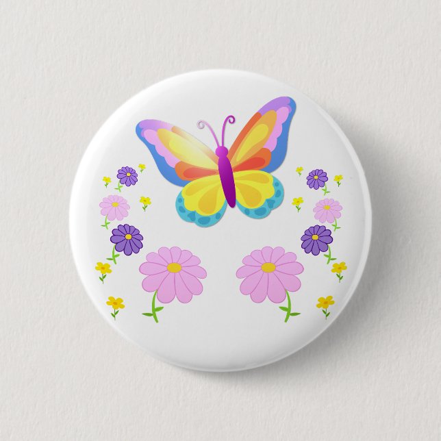 Colorful Butterfly and Flowers Button Badge (Front)
