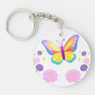Colorful Butterfly and Flowers Round Keychain
