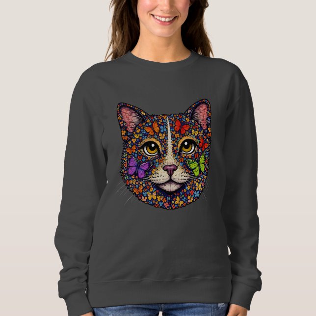 Colorful Butterfly Blooms Cat Portrait Kitty Lover Sweatshirt (Front)