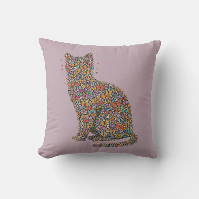 Colorful Butterfly Cat Lover Silhouette Art Mauve Cushion (Front)