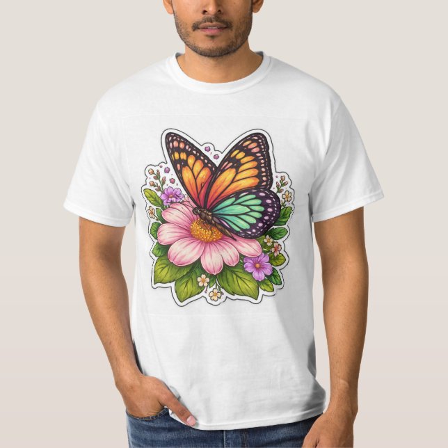 Colorful Butterfly on Flower Pictoral nature T-Shirt (Front)