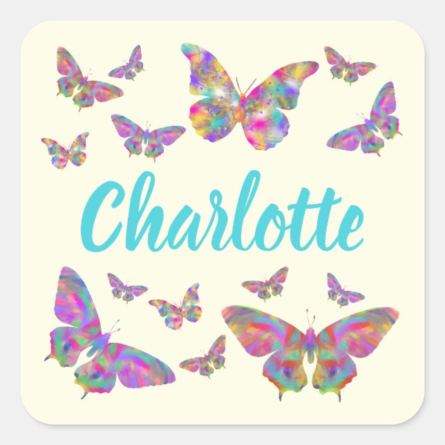 Colorful Butterfly Pattern Name Square Sticker (Front)