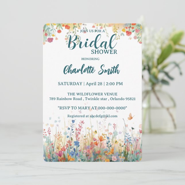 colorful butterfly Watercolor Wildflowers Personal Invitation (Standing Front)
