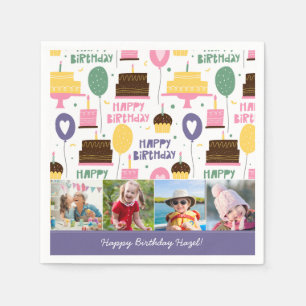Colorful Cake Pattern Happy Birthday w/ Name Photo Napkin