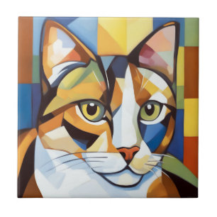 Colorful Calico Cubist Cat Ceramic Tile