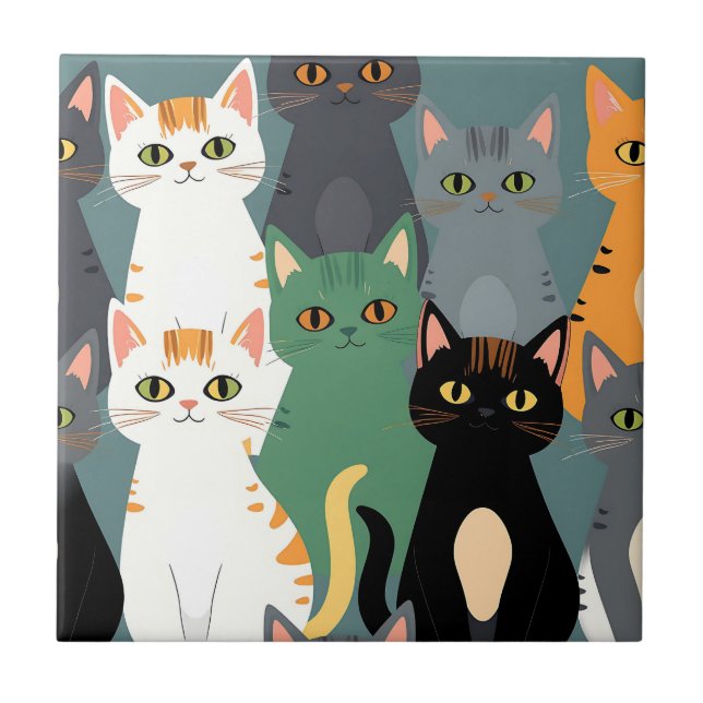 Colorful Cartoon Cat Crowd Pattern Ceramic Tile (Front)