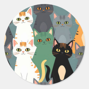 Colorful Cartoon Cat Crowd Pattern Classic Round Sticker