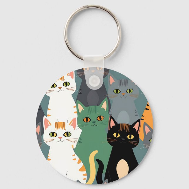 Colorful Cartoon Cat Crowd Pattern Key Ring (Front)