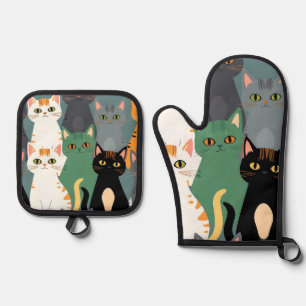 Colorful Cartoon Cat Crowd Pattern Oven Mitt & Pot Holder Set