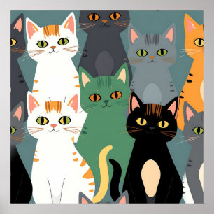 Colorful Cartoon Cat Crowd Pattern Poster