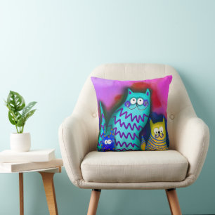 Colorful Cartoon Cat Family Cushion