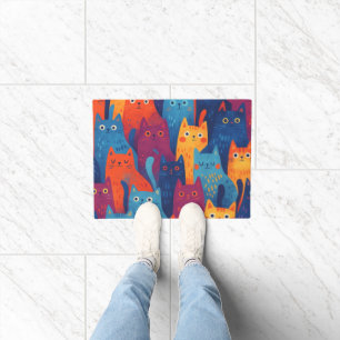 Colorful Cartoon Cat Pattern   Cute Whimsical Cat  Doormat