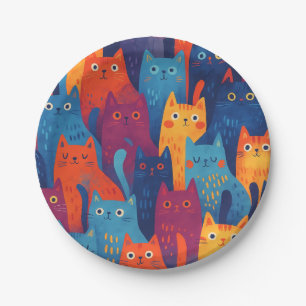 Colorful Cartoon Cat Pattern Cute Whimsical Cat Paper Plate