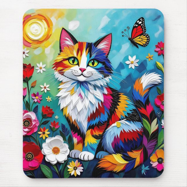 Colorful Cat and Butterfly Mouse Pad (Front)
