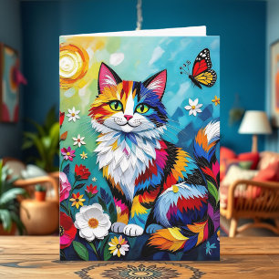 Colorful Cat, Flowers & Butterfly Birthday Card