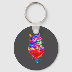 Colorful Cat Holding Heart Drip Valentines Day Kit Key Ring